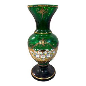Vtg Bohemian Art Glass Vase Emerald Green Heavy Gold Gilt Raised Flower Painting